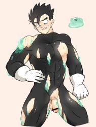 Rule 34 | 1boy, abs, bara, black hair, censored, dragon ball, dragonball z, gloves, male focus, muscular, pectorals, penis, slime, solo, son gohan, sweat, testicles, torn clothes