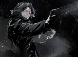 Rule 34 | 1boy, black hair, black jacket, closed mouth, cofffee, dirty, dirty face, facial hair, grey eyes, gun, handgun, holding, holding gun, holding weapon, jacket, long sleeves, looking to the side, male focus, mature male, medium hair, monster (manga), parted bangs, rain, solo, stubble, tenma kenzou, upper body, weapon, wet, wet clothes, wet hair
