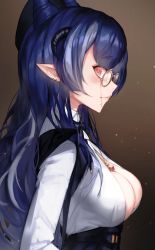 Rule 34 | 1girl, absurdres, anntan (vtuber), blue hair, breasts, cleavage, cleavage cutout, clothing cutout, collared shirt, from side, glasses, hair horns, highres, horns, indie virtual youtuber, jewelry, jin grey paladin, large breasts, long hair, looking at viewer, necklace, pink eyes, pointy ears, round eyewear, shirt, solo, virtual youtuber, white shirt