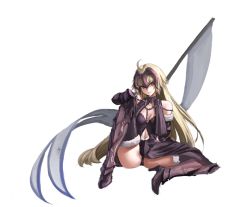Rule 34 | 1girl, ahoge, armor, armored boots, armored dress, athenawyrm, black gloves, black panties, black thighhighs, blonde hair, boots, chain, elbow gloves, fate/grand order, fate (series), flag, fur trim, gloves, greaves, headpiece, high heel boots, high heels, jeanne d&#039;arc (fate), jeanne d&#039;arc alter (avenger) (fate), jeanne d&#039;arc alter (avenger) (third ascension) (fate), jeanne d&#039;arc alter (fate), long hair, looking at viewer, navel, panties, parted lips, partially visible vulva, sitting, solo, spread legs, thighhighs, underwear, very long hair, yellow eyes