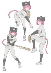 Rule 34 | 1girl, animal ears, animal hat, baseball, baseball bat, baseball cap, baseball glove, baseball uniform, cat ears, cat hat, commentary request, hat, holding, holding baseball bat, mogumo, multiple views, original, pink eyes, pink hair, pitching, short hair, simple background, sportswear, standing, tail, throwing, white background