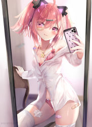 Rule 34 | 1girl, :q, ahoge, bad id, bad pixiv id, bandaid, bandaid on leg, bow, bow bra, bow panties, bra, breasts, cellphone, chair, closed mouth, collared shirt, dress shirt, eyes visible through hair, hair between eyes, hair ornament, hairclip, highres, holding, holding phone, long sleeves, looking at viewer, mirror, natuna natu, on chair, original, panties, phone, pink bra, pink panties, purple eyes, red hair, reflection, selfie, shirt, small breasts, smile, solo, thighhighs, tongue, tongue out, twintails, underwear, white shirt, white thighhighs