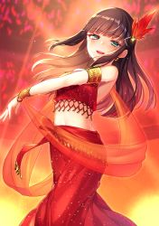 Rule 34 | 1girl, :d, aqua eyes, armlet, black hair, blunt bangs, bracelet, bustier, dancer, earrings, feather hair ornament, feathers, glowstick, hair ornament, hairpin, harem outfit, highres, inferno phoenix, jewelry, kurosawa dia, long hair, long skirt, looking at viewer, love live!, love live! school idol festival, love live! sunshine!!, midriff, mole, mole under mouth, moyui (myi 005), navel, open mouth, red skirt, sash, skirt, smile, solo