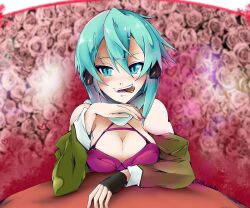 Rule 34 | 1girl, alternate costume, bare shoulders, blue eyes, blue hair, blush, breasts, candy, chocolate, chocolate heart, cleavage, eating, flatpancakesjim, food, hand under chin, heart, highres, jacket, jacket partially removed, leaning forward, looking at viewer, medium breasts, nail polish, pink jacket, scarf, short hair, sinon, sword art online, valentine, valentine chocolate