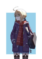 Rule 34 | 1girl, absurdres, ahoge, aqua background, artoria pendragon (fate), bag, black-framed eyewear, blonde hair, braid, braided bun, coat, commentary request, duffel coat, fate/grand order, fate (series), freedomexvss, garter straps, glasses, hair bun, hand in pocket, highres, holding, holding bag, looking to the side, mysterious heroine x alter (fate), mysterious heroine x alter (first ascension) (fate), open clothes, open coat, plaid, plaid scarf, red scarf, scarf, semi-rimless eyewear, simple background, solo, thighhighs, two-tone background, under-rim eyewear, white background, yellow eyes