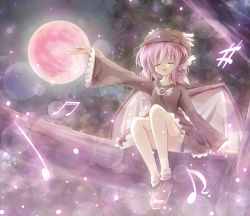 Rule 34 | 1girl, adapted costume, animal ears, bad id, bad pixiv id, dress, closed eyes, female focus, full moon, hat, in tree, itsutsuki, moon, music, musical note, mystia lorelei, night, outstretched arm, pink hair, quaver, red moon, sharp sign, short hair, singing, sitting, sitting in tree, solo, touhou, tree, wings