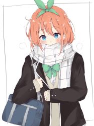 Rule 34 | bag, black jacket, blue eyes, blush, border, bow, breath, brown sweater, commentary request, go-toubun no hanayome, green bow, green hairband, hair between eyes, hairband, highres, holding strap, jacket, long hair, long sleeves, nakano yotsuba, nekohood, orange hair, outside border, scarf, scarf over mouth, school bag, shirt, simple background, sleeves past wrists, sweater, upper body, white background, white scarf, white shirt