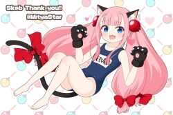 Rule 34 | 1girl, :d, animal ear fluff, animal ears, animal hands, bare legs, bare shoulders, barefoot, black gloves, blue eyes, blue one-piece swimsuit, bombergirl, bow, cat ears, cat girl, cat tail, commentary request, commission, fang, full body, gloves, hair bow, hands up, knees up, long hair, looking at viewer, mitya, momoko (bombergirl), name tag, old school swimsuit, one-piece swimsuit, open mouth, paw gloves, pink hair, red bow, school swimsuit, sidelocks, skeb commission, smile, solo, swimsuit, tail, tail bow, tail ornament, thank you, twintails, twitter username, very long hair, white background