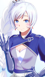 Rule 34 | 1girl, absurdres, belt, blue eyes, blue gloves, blush, braid, braided ponytail, breasts, cleavage, closed mouth, dangle earrings, earrings, gloves, hair ornament, hand on own hip, hand up, high side ponytail, highres, jewelry, kumanosigenium1, looking at viewer, rwby, scar, scar across eye, scar on face, simple background, small breasts, smile, solo, tiara, upper body, weiss schnee, white background, white belt, white hair