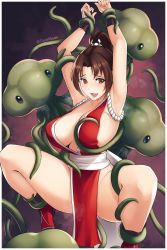 Rule 34 | 1girl, absurdres, alien, armpits, arms up, breasts, brown eyes, brown hair, consensual tentacles, crossover, dootmoon, fatal fury, grabbing, grabbing another&#039;s breast, happy, highres, implied sex, large breasts, metal slug, midriff peek, nervous smile, no bra, pelvic curtain, shiranui mai, smile, spread legs, tentacles, the king of fighters, thighs
