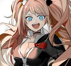 Rule 34 | 1girl, :d, bear hair ornament, black choker, black shirt, blue eyes, bow, breasts, choker, collared shirt, commentary request, danganronpa: trigger happy havoc, danganronpa (series), enoshima junko, hair ornament, highres, huyuharu0214, large breasts, long hair, looking at viewer, messy hair, necktie, open mouth, red bow, shirt, signature, simple background, smile, solo, teeth, twintails, upper body, upper teeth only, white background, white necktie