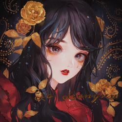 Rule 34 | 1girl, black hair, eyeshadow, flower, french text, highres, leaf, lipstick, long hair, looking at viewer, maccha (mochancc), makeup, original, plant, portrait, red lips, solo, yellow flower