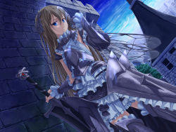 Rule 34 | 1girl, arm up, armor, butterfly wings, female knight, frills, headpiece, highres, holding, holding weapon, insect wings, knight, long hair, looking at viewer, mikisai, open mouth, original, solo, sword, weapon, wings