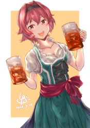 Rule 34 | 1girl, alcohol, beer, beer mug, black hairband, blush, border, breasts, cleavage, collarbone, commission, cup, dated, dirndl, german clothes, hair between eyes, hairband, highres, holding, holding cup, kantai collection, kinu (kancolle), ld (luna dial398), mug, open mouth, puffy short sleeves, puffy sleeves, red eyes, red hair, short hair, short sleeves, signature, skeb commission, smile, solo, teeth, upper teeth only, white border