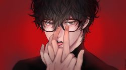 Rule 34 | 2boys, amamiya ren, black eyes, black hair, black shirt, breasts, cleavage, commentary request, glasses, hair between eyes, half-closed eyes, licking, licking hand, looking at viewer, male focus, multiple boys, persona, persona 5, portrait, red background, shirt, simple background, solo focus, sonomi, tongue, yaoi