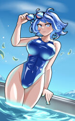 Rule 34 | 1girl, antenna hair, blue eyes, blue hair, blue one-piece swimsuit, blue sky, boku no hero academia, breasts, cloud, competition swimsuit, day, hadou nejire, highres, holding, holding removed eyewear, large breasts, official alternate hair length, official alternate hairstyle, one-piece swimsuit, outdoors, partially submerged, pool, sky, solo, swimsuit, unworn eyewear, water, zer0z vi