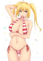 Rule 34 | 1girl, arm up, bad id, bad pixiv id, bikini, bikini in mouth, blonde hair, blush, breast hold, breasts, cleavage, closed mouth, clothes in mouth, cowboy shot, fate/grand order, fate (series), green eyes, hair between eyes, hair intakes, halterneck, hand in own hair, highres, ixmmxi, large breasts, long hair, looking at viewer, mouth hold, navel, nero claudius (fate), nero claudius (fate) (all), nero claudius (swimsuit caster) (fate), red bikini, side-tie bikini bottom, sidelocks, simple background, smile, solo, striped bikini, striped clothes, swimsuit, thighs, twintails, white background, white bikini