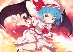 Rule 34 | 1girl, ascot, bad id, bad pixiv id, bat wings, blue hair, brooch, fangs, female focus, fingernails, grin, hat, hat ribbon, highres, jewelry, long fingernails, mizukami ryouma, naughty face, outstretched arms, red eyes, remilia scarlet, ribbon, sash, shirt, short hair, skirt, skirt set, slit pupils, smile, solo, spear the gungnir, touhou, wings, wrist cuffs, wrist ribbon, xjr1250