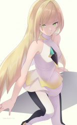 Rule 34 | 1girl, arm support, blonde hair, breasts, closed mouth, commentary request, creatures (company), diamond (shape), dress, game freak, gem, green eyes, green gemstone, highres, katuobushi04, leggings, long hair, looking at viewer, lusamine (pokemon), nail polish, nintendo, pokemon, pokemon sm, short dress, sleeveless, sleeveless dress, solo, white dress, white leggings, yellow nails