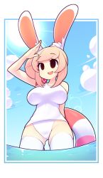Rule 34 | 1girl, absurdres, animal ears, arm up, beach, black eyes, blush, breasts, fiz (fizintine), fizintine, hair ribbon, highres, holding, holding swim ring, innertube, large breasts, looking away, one-piece swimsuit, open mouth, original, outdoors, rabbit ears, rabbit girl, red ribbon, ribbon, short hair, sidelocks, smile, solo, swim ring, swimsuit, teeth, thighhighs, upper teeth only, water, white one-piece swimsuit, white thighhighs