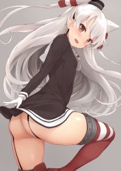 Rule 34 | 1girl, amatsukaze (kancolle), ass, bad anatomy, black dress, blush, brown eyes, dress, fang, garter straps, gloves, grey background, hair tubes, highres, jampen, kantai collection, lifebuoy, long hair, long sleeves, open mouth, red thighhighs, sailor dress, silver hair, simple background, solo, swim ring, thighhighs, two side up, white gloves