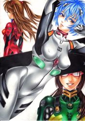 Rule 34 | 3girls, arm behind head, armpits, arms up, ass, ayanami rei, bad id, bad pixiv id, blue hair, bodysuit, breasts, brown hair, clenched hand, colored eyelashes, colored pencil (medium), covered erect nipples, dutch angle, eyelashes, floating hair, from side, glasses, gloves, grin, hair between eyes, impossible bodysuit, impossible clothes, interface headset, lips, long hair, looking at viewer, low ponytail, low twintails, maitamu, makinami mari illustrious, multiple girls, neon genesis evangelion, opaque glasses, orange hair, parted lips, pilot suit, plugsuit, purple eyes, purple hair, rebuild of evangelion, red-framed eyewear, red eyes, short hair, signature, simple background, skin tight, small breasts, smile, solo focus, souryuu asuka langley, thighs, traditional media, turtleneck, twintails, two side up, white background