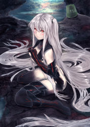 Rule 34 | 1girl, absurdly long hair, abyssal ship, aircraft carrier princess, ass, barefoot, black sailor collar, black skin, blush, bottomless, breasts, bucket, closed mouth, colored skin, gradient skin, hair between eyes, hands up, highres, jewelry, kantai collection, long hair, looking at viewer, lukky clover, medium breasts, multicolored skin, one side up, red eyes, repair bucket, ring, sailor collar, silver hair, sitting, smile, solo, straight hair, tears, torn clothes, two-tone skin, underboob, very long hair, wariza, water, wedding band, white skin