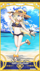 Rule 34 | 1girl, abigail williams (fate), arm up, bare legs, bare shoulders, beach, bikini, black bikini, black bow, blue sky, blush, bow, bow bikini, brown footwear, card (medium), cloud, cloudy sky, collarbone, commentary request, crossed bandaids, day, fate/grand order, fate (series), frilled bikini, frills, hand on headwear, hat, hat bow, highres, horizon, long hair, navel, neon-tetora, ocean, orange bow, outdoors, parted bangs, platform footwear, sand, sandals, sky, solo, standing, standing on one leg, straw hat, swimsuit, tentacles, translation request, very long hair, water, wrist bow