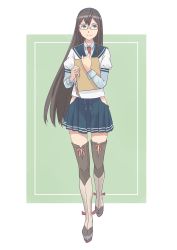 Rule 34 | 10s, 1girl, black footwear, black hair, blue eyes, blue hairband, boots, clipboard, closed mouth, full body, hairband, highres, hip vent, holding, kantai collection, layered sleeves, long hair, long sleeves, necktie, ooyodo (kancolle), pleated skirt, red necktie, red ribbon, ribbon, ribbon-trimmed boots, school uniform, serafuku, shirt, short over long sleeves, short sleeves, skirt, sleeve cuffs, smile, solo, straight hair, taruya, thigh boots, thighhighs, two-tone background, very long hair, walking, white shirt, wing collar, zettai ryouiki