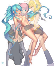 Rule 34 | 3girls, aqua eyes, aqua hair, barefoot, belt, blonde hair, blush, breasts, clothed female nude female, clothed sex, detached sleeves, drooling, femdom, futa with female, futanari, hair ornament, hair ribbon, hairclip, hatsune miku, highres, holding hands, kagamine rin, long hair, megurine luka, megurine luka (vocaloid4), mei (ohayou girls), midriff, moaning, multiple girls, nail polish, nipples, nude, ohayou girls, open mouth, penis, perky breasts, pink hair, pussy, pussy juice, rape, ribbon, saliva, see-through, sex, short hair, shorts, simple background, smile, thighhighs, toenail polish, toenails, transparent, twintails, uncensored, vaginal, very long hair, vocaloid, white background