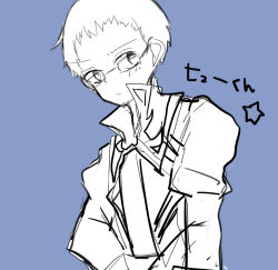 Rule 34 | 1boy, blue background, blush, coat, glasses, hubert ozwell, monochrome, tales of (series), tales of graces
