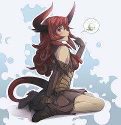 Rule 34 | 1girl, blush, boots, borrowed character, bowl, bracelet, demon girl, demon tail, elbow gloves, gloves, himesuzu, horns, jewelry, long hair, maou beluzel, original, red eyes, red hair, rice, skirt, solo, tail, yuusha to maou