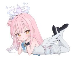 Rule 34 | 1girl, aged down, angel wings, arm support, black footwear, black pantyhose, blue archive, blunt bangs, commentary request, dress, feathered wings, flower, hair bun, hair flower, hair ornament, hair scrunchie, halo, head rest, high heels, highres, hiyayo25, legs up, long hair, looking at viewer, lying, mika (blue archive), on stomach, one side up, pantyhose, parted lips, pink hair, scrunchie, sidelocks, simple background, single side bun, sleeveless, sleeveless dress, solo, white background, white dress, wings, wrist scrunchie, yellow eyes
