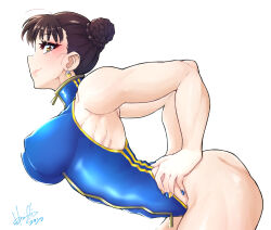 Rule 34 | 1girl, ass, blue one-piece swimsuit, breasts, brown eyes, capcom, chun-li, closed mouth, covered erect nipples, cowboy shot, double bun, earrings, from side, hair bun, hands on own hips, highres, hori shin, impossible clothes, jewelry, large breasts, leaning forward, looking at viewer, nail polish, one-piece swimsuit, simple background, sleeveless, smile, solo, standing, street fighter, swimsuit, white background