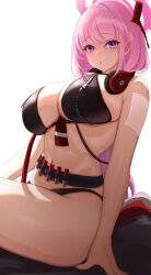 Rule 34 | 1girl, absurdres, ass, bare legs, bare shoulders, bikini, black bikini, blue archive, blush, breasts, eimi (blue archive), halo, headphones, headphones around neck, highres, large breasts, looking at viewer, navel, ni tamago sando, open mouth, pink eyes, pink hair, pink halo, short hair, simple background, solo, swimsuit, white background