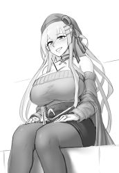 Rule 34 | 1girl, azur lane, bare shoulders, belfast (shopping with the head maid) (azur lane), beret, breasts, cleavage, cosplay, frolaytia capistrano, greyscale, hat, heavy object, highres, huge breasts, long hair, monochrome, pantyhose, pokky, roresu, skirt, sweater