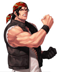 Rule 34 | 1boy, bandana, biceps, black gloves, black hair, brown eyes, brown vest, clenched hands, clenched teeth, commentary request, evilgun, facial hair, fingerless gloves, gloves, hair between eyes, highres, lips, looking at viewer, male focus, muscular, muscular male, pectoral cleavage, pectorals, ralf jones, red headwear, serious, shirt, short hair, simple background, single glove, sleeveless, sleeveless shirt, solo, sweatband, teeth, the king of fighters, the king of fighters &#039;97, thick eyebrows, upper body, veins, vest, white background, white shirt