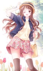 Rule 34 | 1girl, ;d, bad id, bad pixiv id, bag, brown eyes, brown hair, brown thighhighs, casual, floral print, flower, handbag, hat, jacket, long hair, looking at viewer, one eye closed, open clothes, open jacket, open mouth, original, print skirt, rose, short sleeves, skirt, smile, solo, sun hat, thighhighs, yatomi, zettai ryouiki