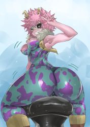 Rule 34 | 1girl, armpits, ashido mina, ass, black sclera, bodysuit, boku no hero academia, breasts, cameltoe, cleft of venus, clothes pull, colored sclera, colored skin, from behind, highres, huge ass, looking back, medium breasts, nipples, one eye closed, pink hair, pink skin, shirt pull, shosho oekaki, solo, thighs
