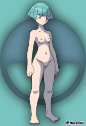 Rule 34 | 1girl, absurdres, aqua background, aqua eyes, aqua hair, armpits, arms at sides, artist name, barefoot, bob cut, breasts, cleft of venus, closed mouth, collarbone, completely nude, creatures (company), eyelashes, feet, female focus, fingernails, full body, game freak, groin, highres, legs, looking at viewer, matching hair/eyes, navel, neck, nilterguy, nintendo, nipples, nude, nude filter, official art nude filter, poke ball symbol, pokemon, pokemon dppt, pussy, serious, sidelocks, small breasts, standing, straight bangs, team galactic, team galactic grunt, thighs, third-party edit, toenails, toes, unworn clothes, v-shaped eyebrows