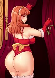 Rule 34 | 1girl, alternate costume, ass, ass focus, bare shoulders, blush, breasts, celica (fire emblem), christmas, come hither, fire emblem, from behind, gloves, hairband, huge ass, leotard, long hair, looking at viewer, looking back, medium breasts, naughty face, nintendo, orange hair, red eyes, sideboob, smile, solo, thighhighs, thong, thong leotard, yirusann