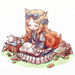 Rule 34 | animal ears, arknights, blue bow, blue dress, blue flower, blue neckwear, blush, book, bow, box, brown hair, candy, cat ears, chibi, commentary request, cup, dress, envelope, closed eyes, flower, food, gradient hair, hair bow, hair flower, hair ornament, holding, holding book, iris (arknights), lollipop, long hair, multicolored hair, open book, open mouth, orange flower, outdoors, paper texture, plate, red flower, sitting, teacup, teapot, tree stump, twitter username, two-tone dress, white background, white dress, yellow flower, yodo rado