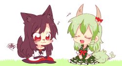Rule 34 | +++, 2girls, 6 (yuchae), :3, :d, animal ears, bare shoulders, blush, bow, breasts, brooch, brown hair, chibi, closed eyes, collarbone, dress, ex-keine, closed eyes, fang, furry, furry female, grass, green hair, horn bow, horn ornament, horn ribbon, horns, imaizumi kagerou, jewelry, kamishirasawa keine, multiple girls, musical note, open mouth, red eyes, ribbon, scribble, smile, tail, touhou, u u, wolf ears, wolf tail