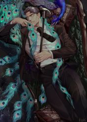 Rule 34 | 1boy, bara, bird, coat, commentary, formal, highres, holding, jacket, long sleeves, male focus, mature male, muscular, muscular male, necktie, original, peacock, shirt, short hair, solo, suit, ueno kishi
