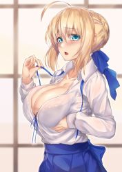 Rule 34 | 1girl, ahoge, alternate breast size, artoria pendragon (all), artoria pendragon (fate), blonde hair, blouse, blue bra, blue ribbon, blue skirt, blush, bra, bra visible through clothes, breast lift, breasts, cleavage, collarbone, collared shirt, fate/stay night, fate (series), green eyes, hair ribbon, highres, hirasawa seiji, indoors, large breasts, long hair, long sleeves, looking at viewer, neck ribbon, open mouth, ribbon, saber (fate), shirt, skirt, solo, sweatdrop, underwear, white shirt