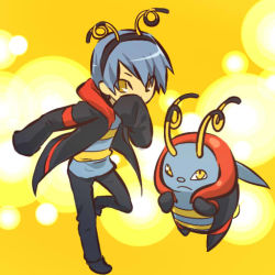 Rule 34 | 00s, 1boy, animal ears, antennae, blue hair, coat, covering face, covering own mouth, covering privates, creatures (company), fake animal ears, game freak, gen 3 pokemon, hitec, hood, hoodie, male focus, moemon, nintendo, personification, pokemon, pokemon (creature), pokemon rse, sleeves past wrists, volbeat, yellow eyes