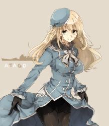 Rule 34 | 10s, 1girl, atago (cruiser), atago (kancolle), beret, black gloves, black pantyhose, blonde hair, breasts, character name, chibirisu, commentary request, cowboy shot, dress, gloves, green eyes, hat, highres, kantai collection, large breasts, light smile, long hair, looking at viewer, military, military uniform, pantyhose, simple background, skirt hold, smile, solo, standing, twitter username, uniform