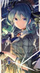 Rule 34 | 1girl, aqua hair, beret, black gloves, black ribbon, blue necktie, commentary, from side, gloves, grey hat, grey shirt, grey skirt, hair between eyes, hair ribbon, hat, highres, hololive, hoshimachi suisei, hoshimachi suisei (1st costume), long hair, long sleeves, looking at viewer, necktie, plaid, plaid shirt, plaid skirt, poligon (046), purple eyes, ribbon, shirt, skirt, solo, star (symbol), star in eye, symbol in eye, upper body, virtual youtuber