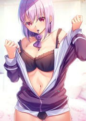 Rule 34 | 10s, 1girl, black bra, bow, bowtie, bra, breasts, cleavage, gridman universe, hoshi ichi, jacket, large breasts, long sleeves, looking at viewer, mouth hold, navel, pink hair, purple bow, purple bowtie, purple jacket, red eyes, shinjou akane, short hair, solo, ssss.gridman, underwear