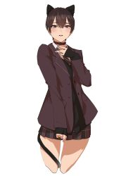 Rule 34 | 1girl, absurdres, animal ears, brown eyes, brown hair, collar, cowboy shot, hand on own chest, highres, jacket, looking at viewer, necktie, original, parted lips, pen guin15, pleated skirt, school uniform, simple background, skirt, solo, tail, thigh gap, white background